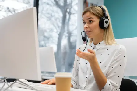 Blonde Frau mit Headset arbeitet im Callcenter und betreut Kunden am Computer.